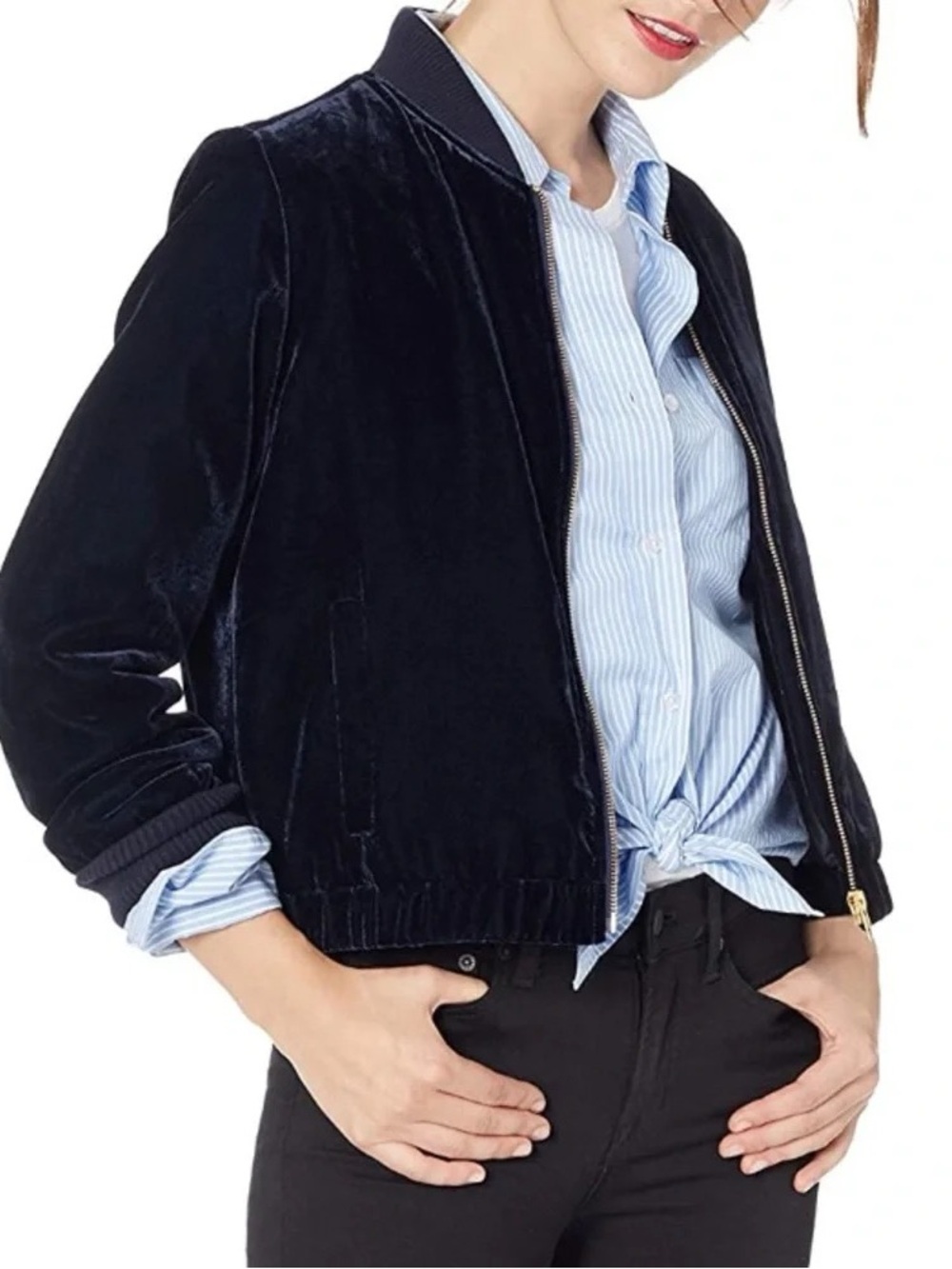 J.Crew Mercantile Dark Navy Blue Velvet Bomber Jacket Gold Zip - Size XS